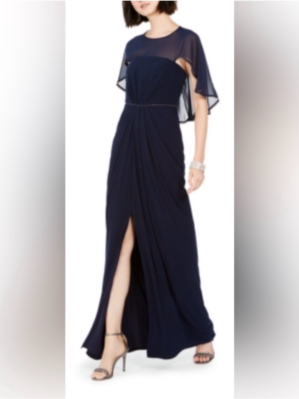 Adrianna Papell Size 8 Navy Blue Chiffon Full Length Draped Gown Slitted…